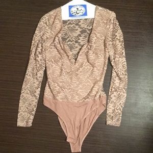 Nude plunge lace bodysuit
